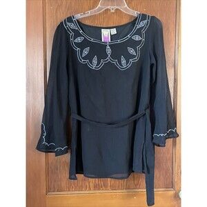 Original Anthony Shirt Women Sz S Black Crepe Sequin Embroidered Tribal Boho